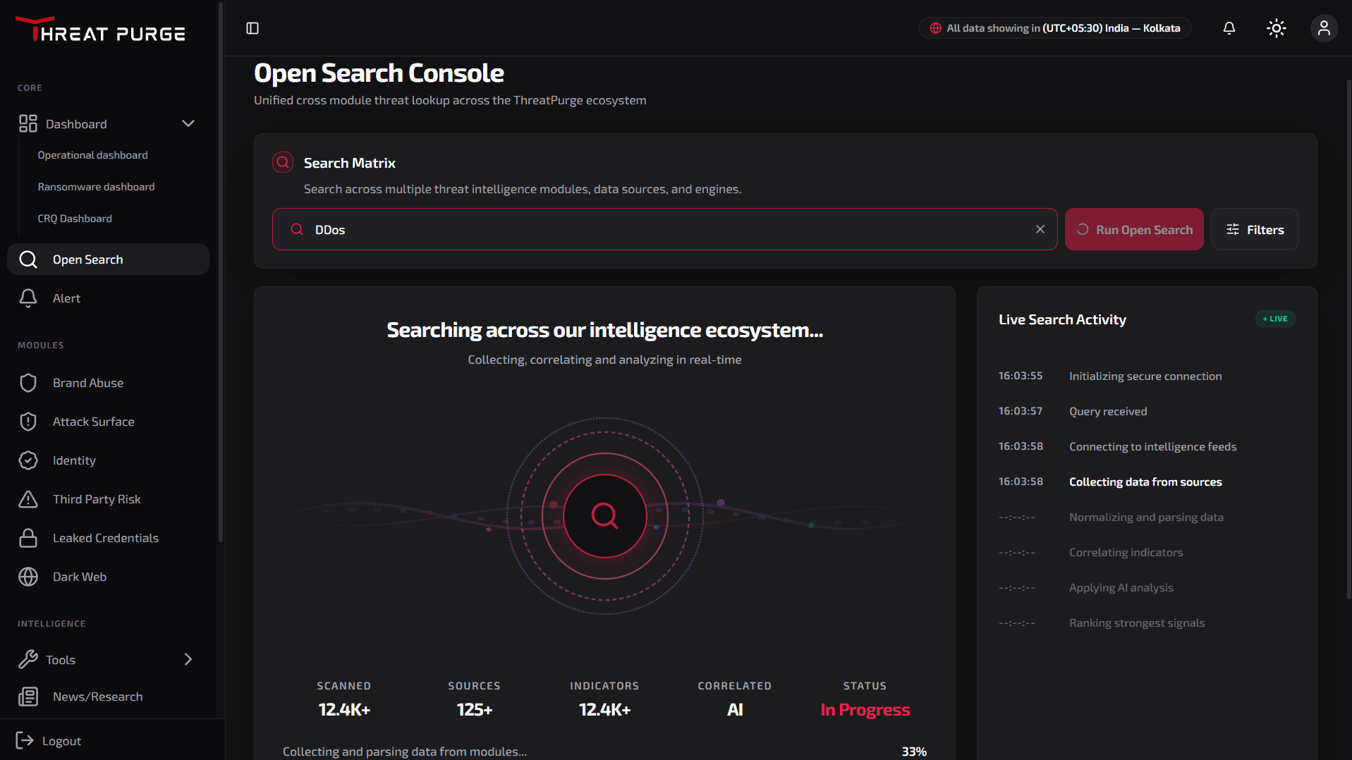 ThreatPurge Open Search dashboard showing a unified threat intelligence investigation console