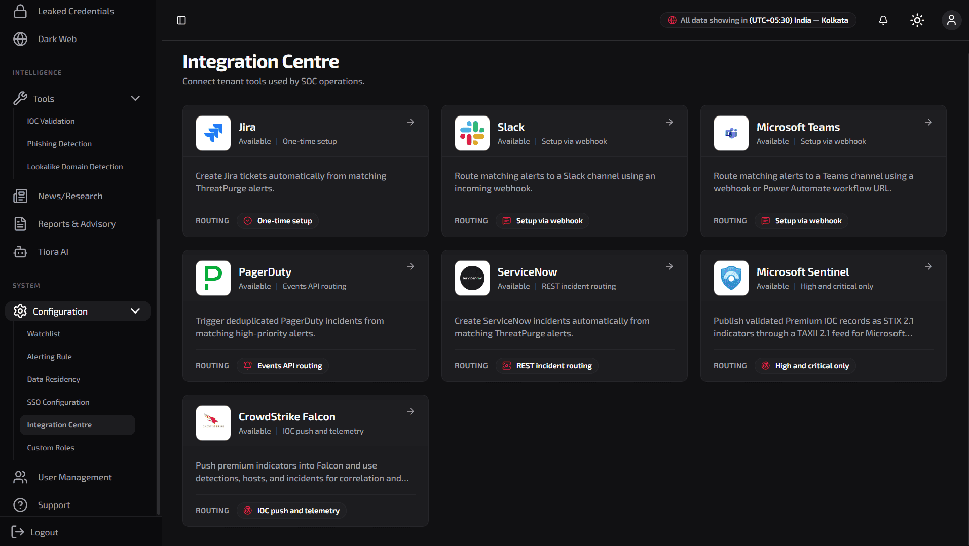 ThreatPurge live integration hub interface